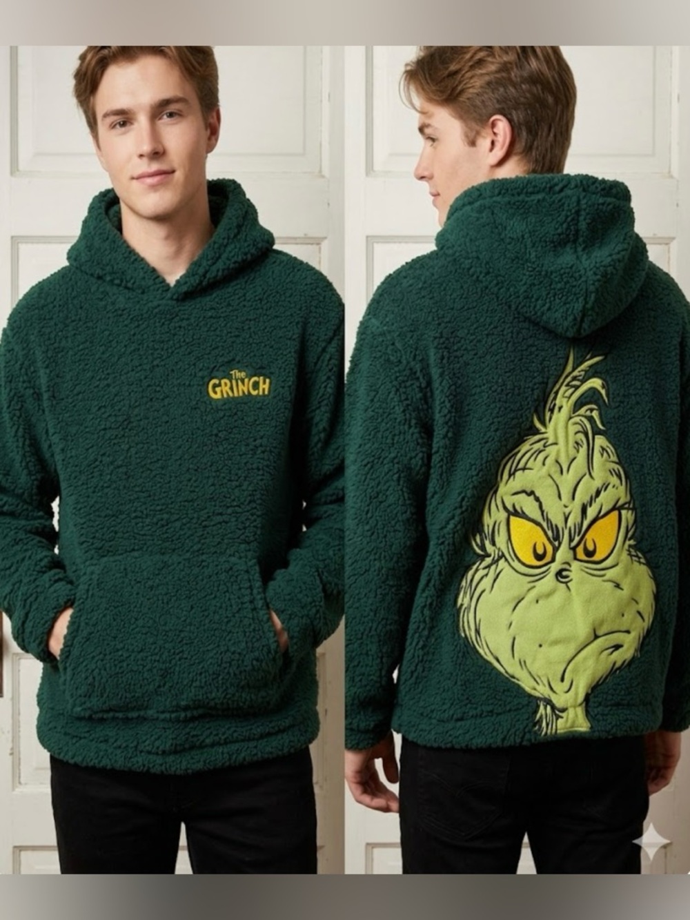 H&M Dark Green Sherpa Hoodie with Yellow Grinch Graphic